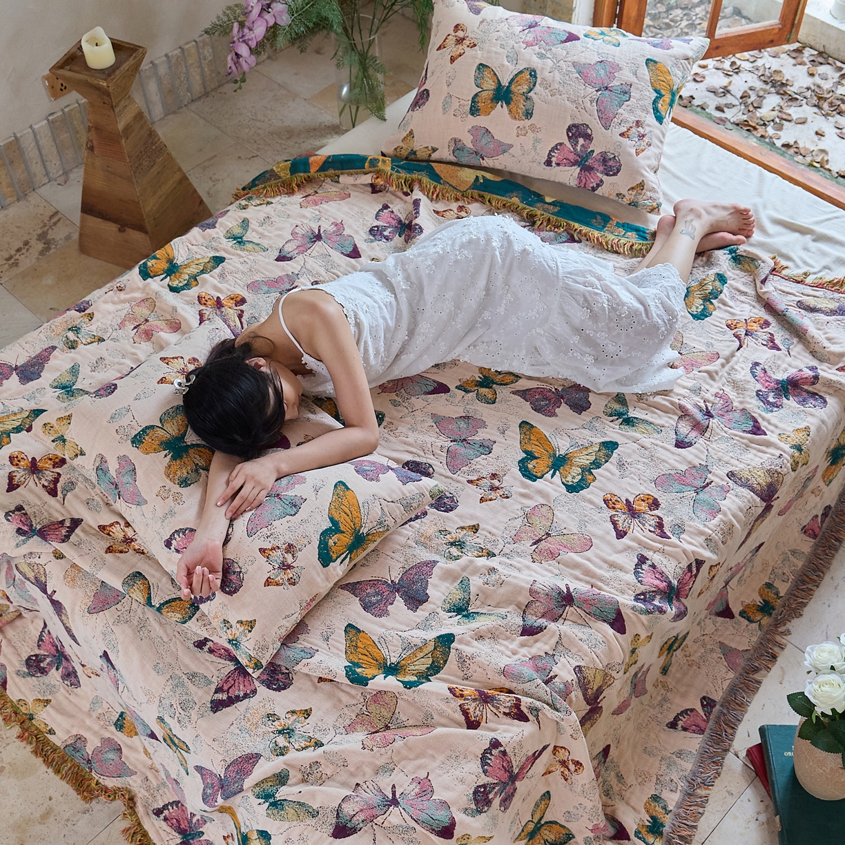 91家纺网 家纺一手货源 找家纺 沐瑟家纺 2025新款亲肤柔软全棉纱布中国风盖毯毯子 蝶语-绿