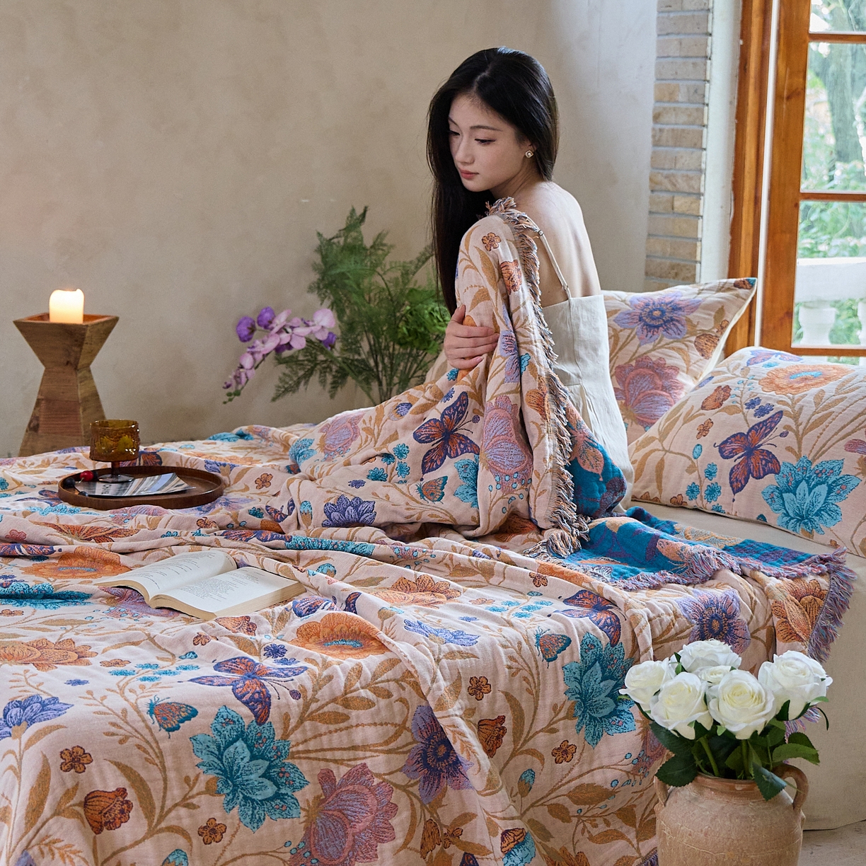 91家纺网 家纺一手货源 找家纺 沐瑟家纺 2025新款亲肤柔软全棉纱布中国风盖毯毯子 花蝶-米