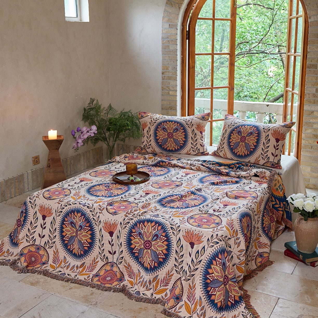 91家纺网 家纺一手货源 找家纺 沐瑟家纺 2025新款亲肤柔软全棉纱布中国风盖毯毯子 绮梦花