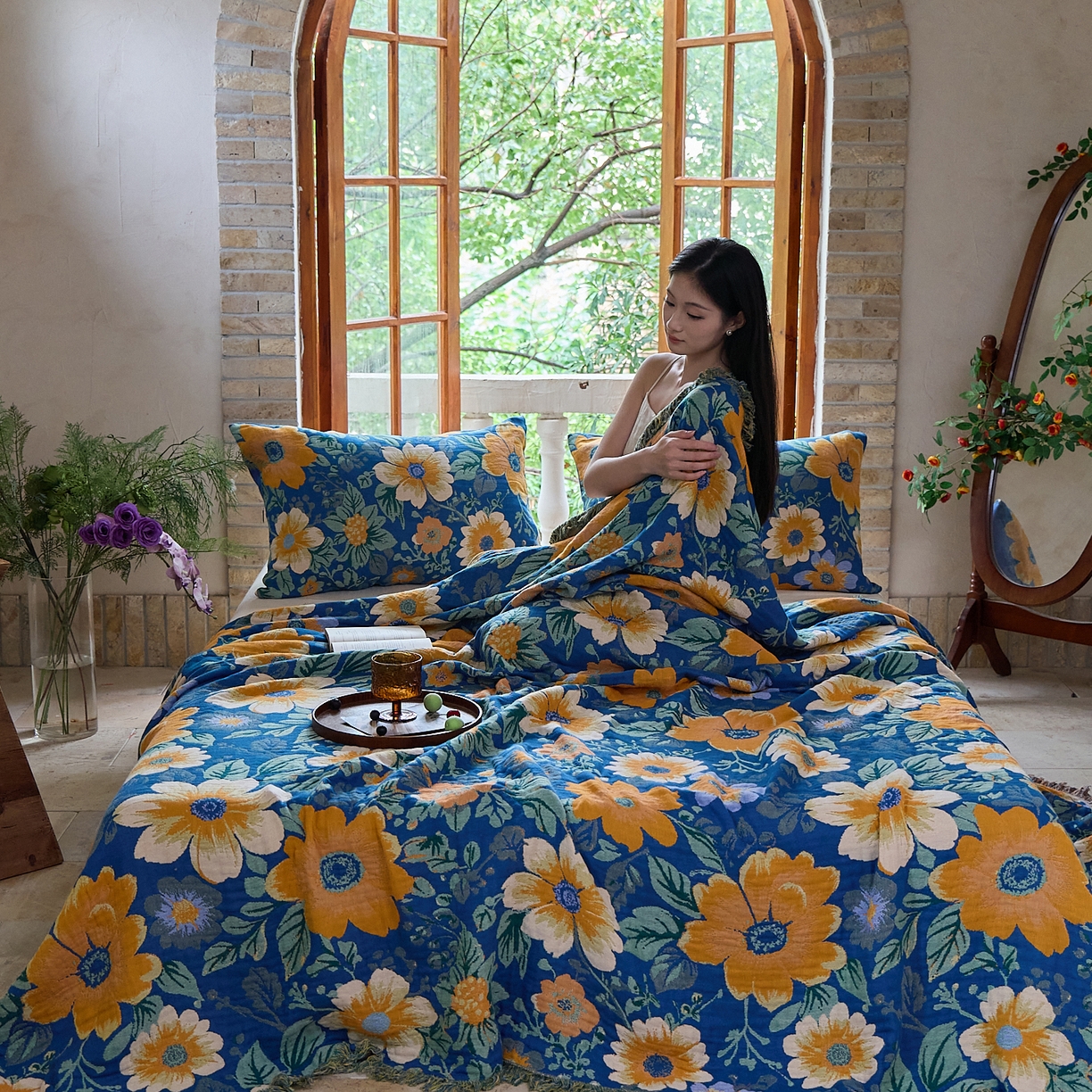 91家纺网 家纺一手货源 找家纺 沐瑟家纺 2025新款亲肤柔软全棉纱布中国风盖毯毯子 百花集