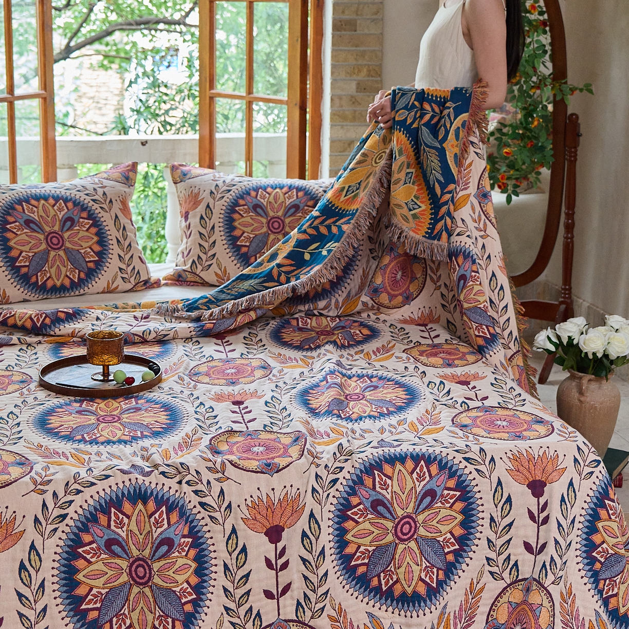 91家纺网 家纺一手货源 找家纺 沐瑟家纺 2025新款亲肤柔软全棉纱布中国风盖毯毯子 绮梦花