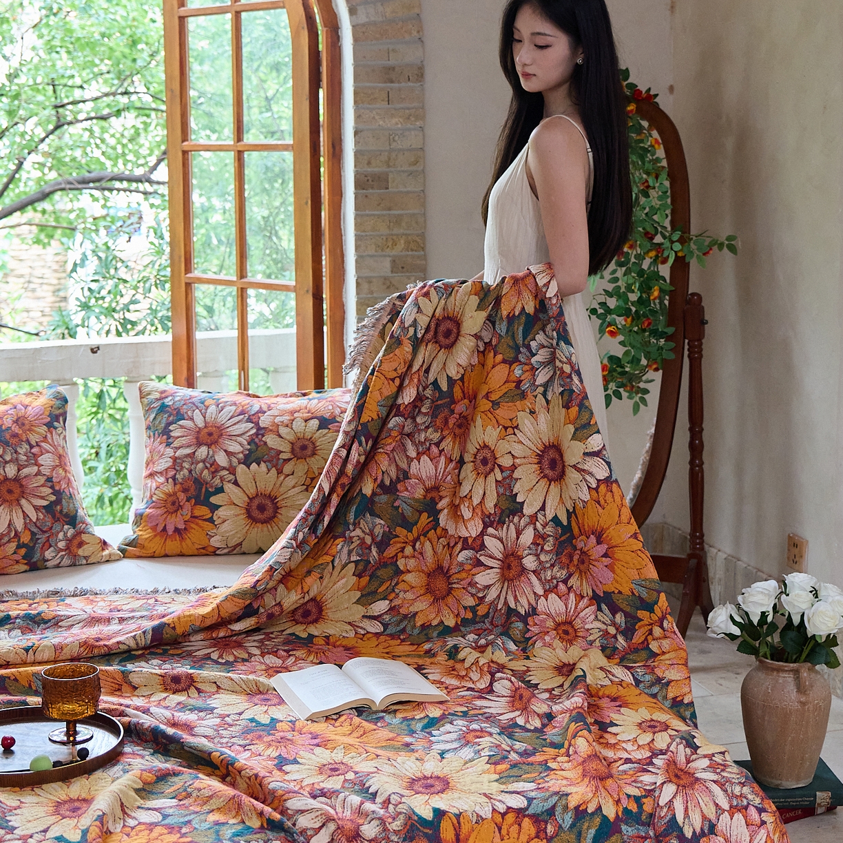 91家纺网 家纺一手货源 找家纺 沐瑟家纺 2025新款亲肤柔软全棉纱布中国风盖毯毯子 墨葵