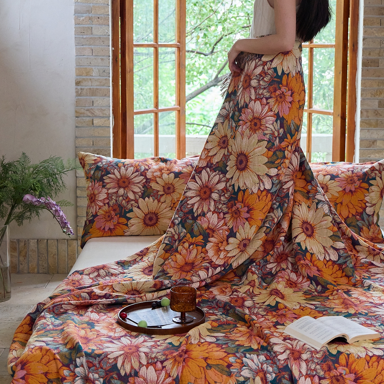 91家纺网 家纺一手货源 找家纺 沐瑟家纺 2025新款亲肤柔软全棉纱布中国风盖毯毯子 墨葵