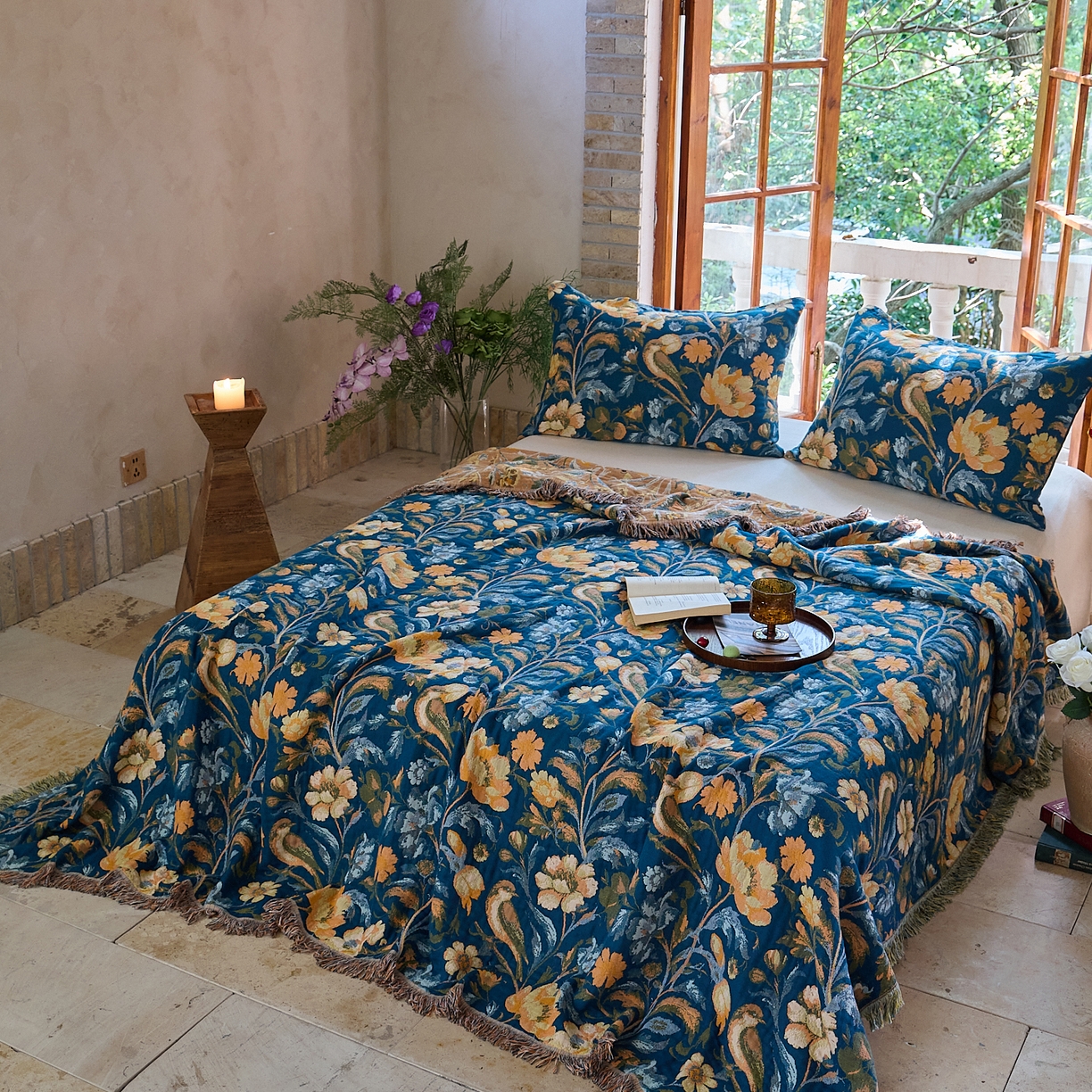 91家纺网 家纺一手货源 找家纺 沐瑟家纺 2025新款亲肤柔软全棉纱布中国风盖毯毯子 翠影鸟-蓝色