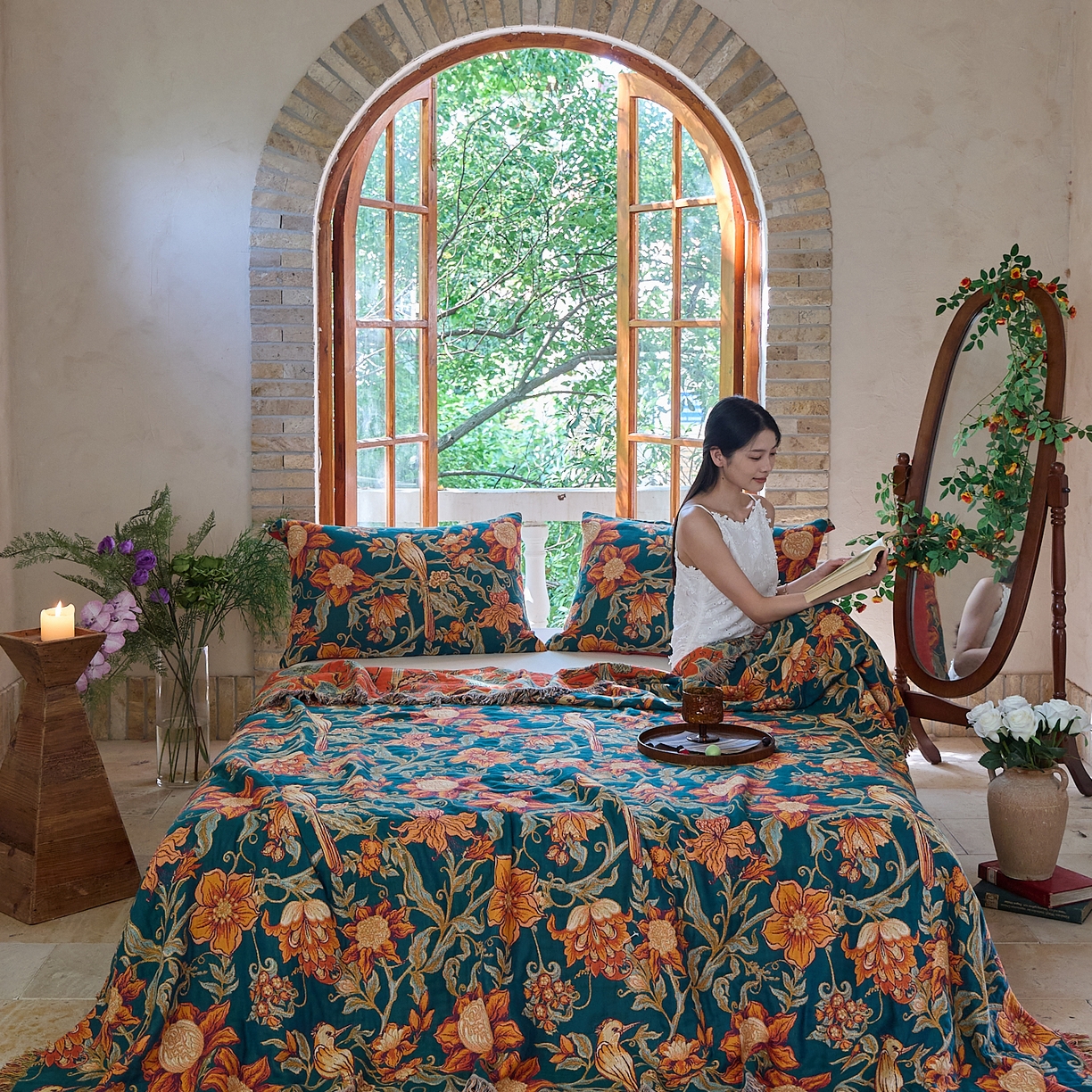 91家纺网 家纺一手货源 找家纺 沐瑟家纺 2025新款亲肤柔软全棉纱布中国风盖毯毯子 花鸟韵