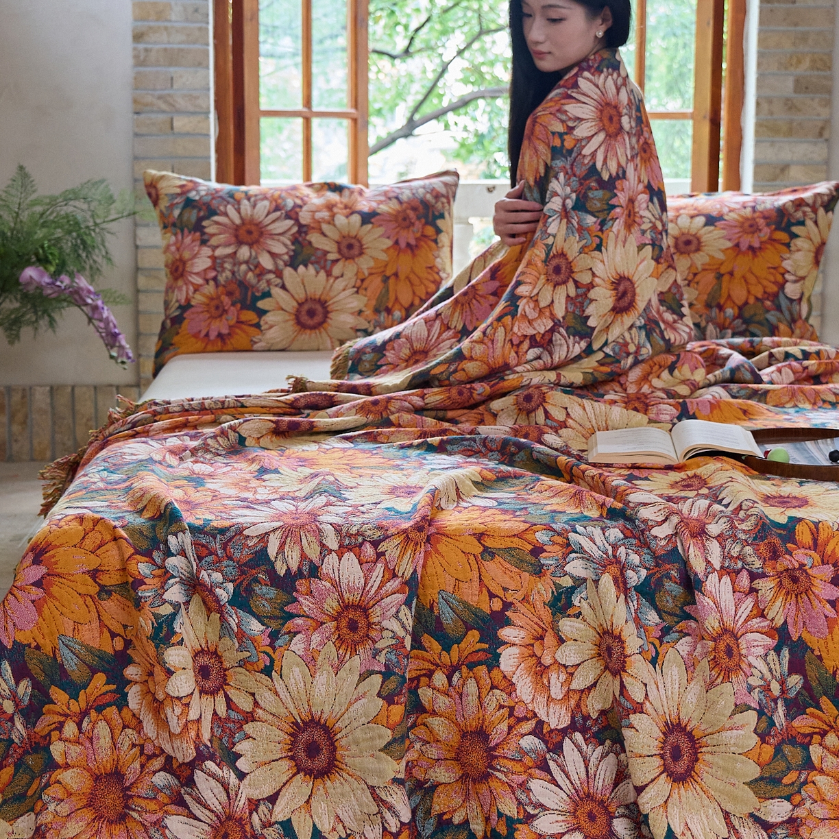 91家纺网 家纺一手货源 找家纺 沐瑟家纺 2025新款亲肤柔软全棉纱布中国风盖毯毯子 墨葵