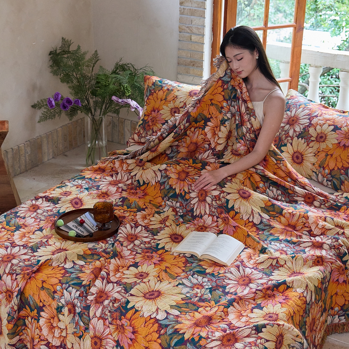 91家纺网 家纺一手货源 找家纺 沐瑟家纺 2025新款亲肤柔软全棉纱布中国风盖毯毯子 墨葵