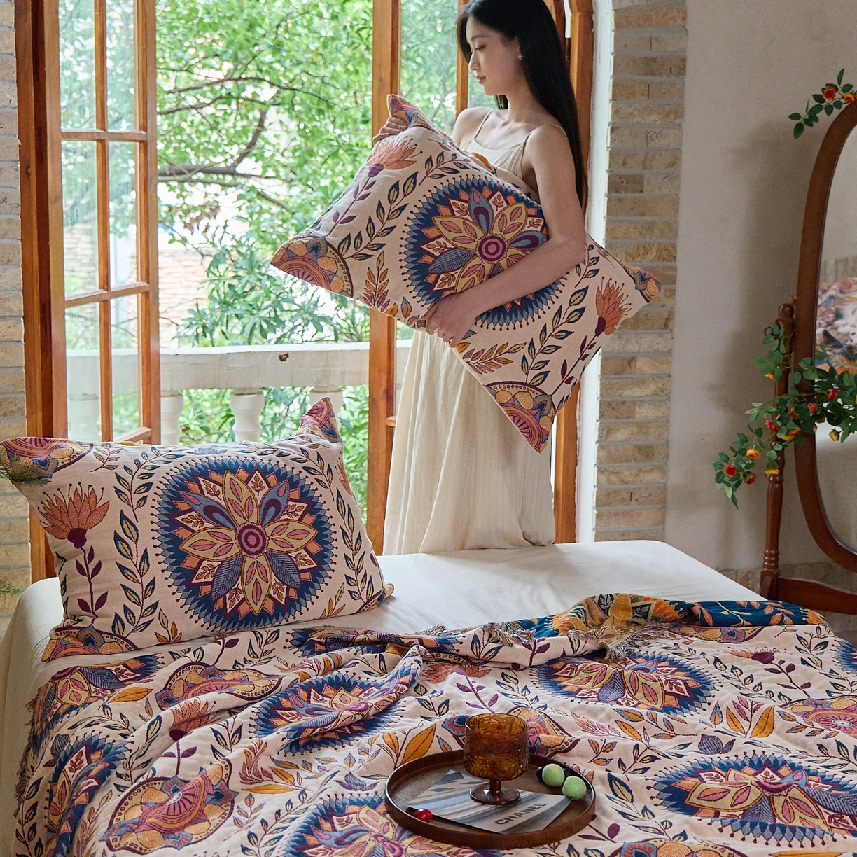 91家纺网 家纺一手货源 找家纺 沐瑟家纺 2025新款亲肤柔软全棉纱布中国风盖毯毯子 绮梦花