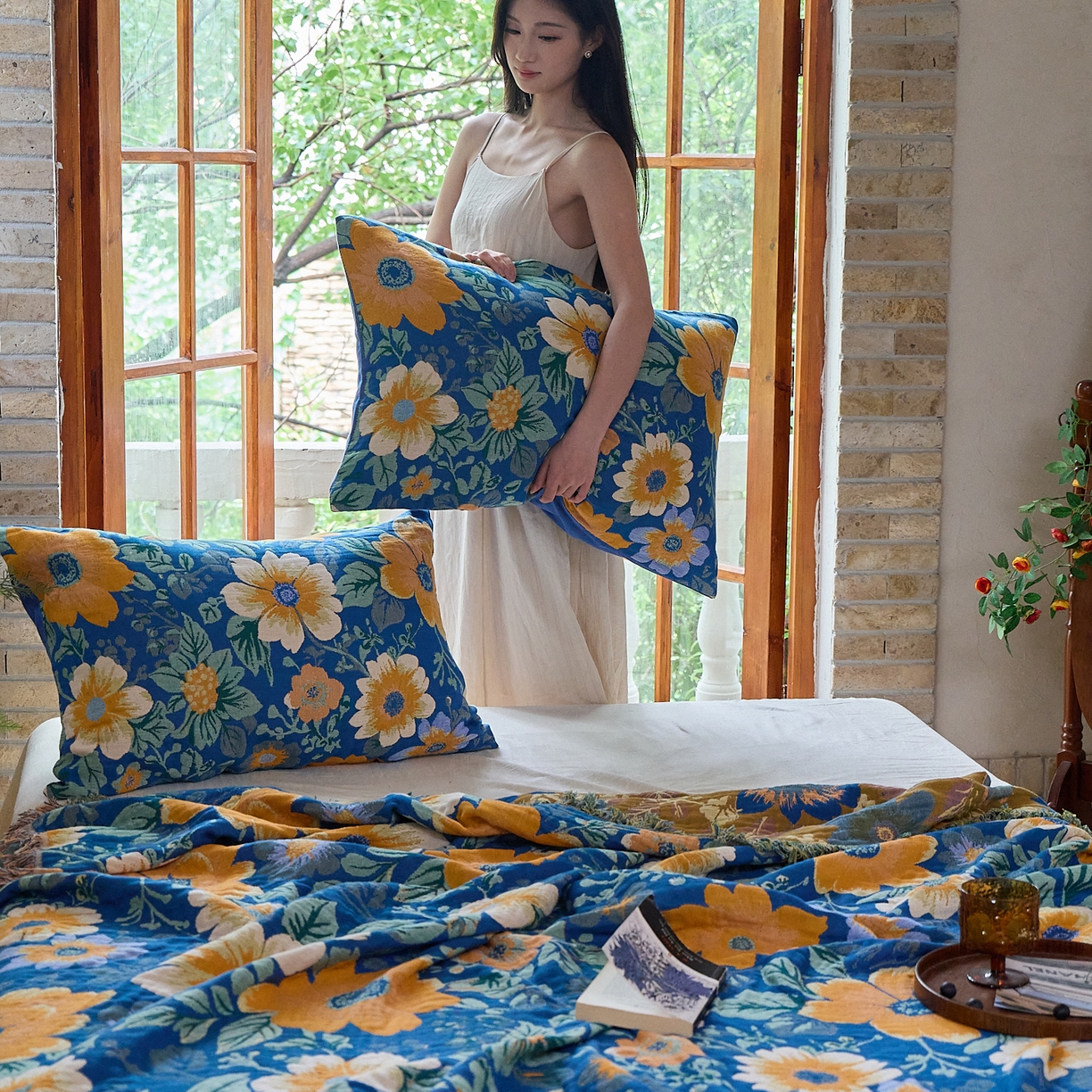 91家纺网 家纺一手货源 找家纺 沐瑟家纺 2025新款亲肤柔软全棉纱布中国风盖毯毯子 百花集