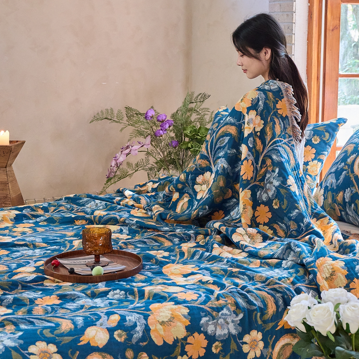 91家纺网 家纺一手货源 找家纺 沐瑟家纺 2025新款亲肤柔软全棉纱布中国风盖毯毯子 翠影鸟-蓝色