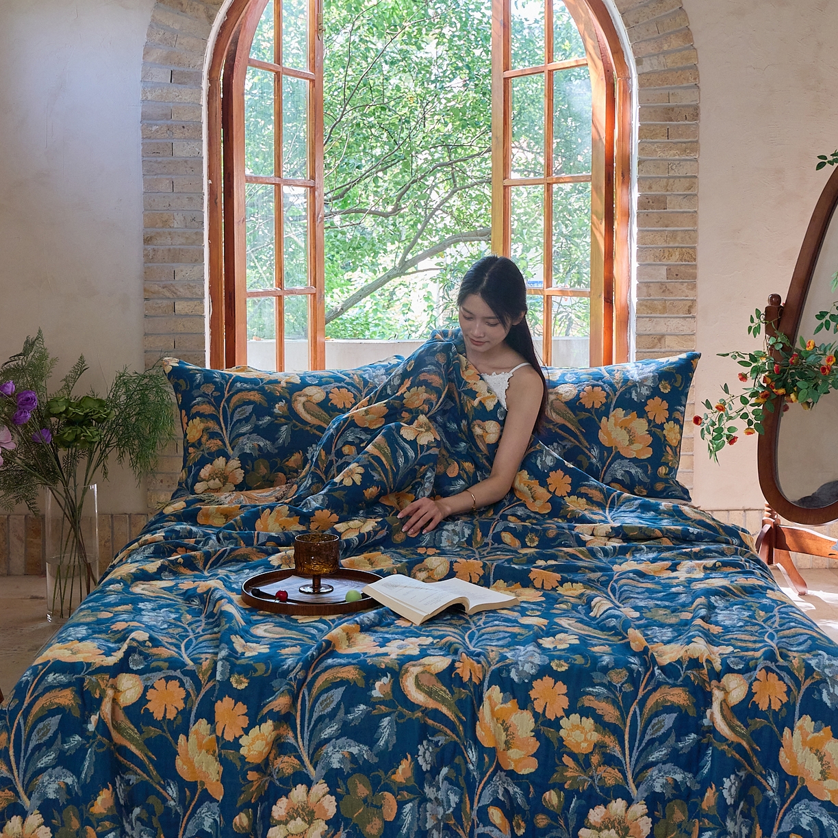 91家纺网 家纺一手货源 找家纺 沐瑟家纺 2025新款亲肤柔软全棉纱布中国风盖毯毯子 翠影鸟-蓝色