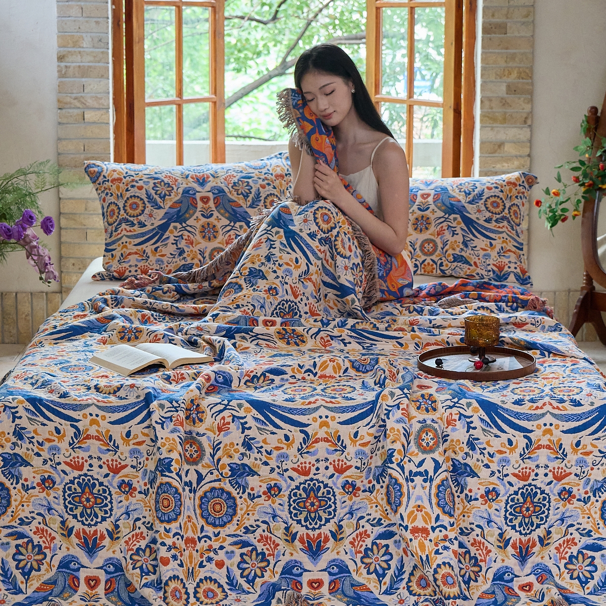 91家纺网 家纺一手货源 找家纺 沐瑟家纺 2025新款亲肤柔软全棉纱布中国风盖毯毯子 比翼鸟