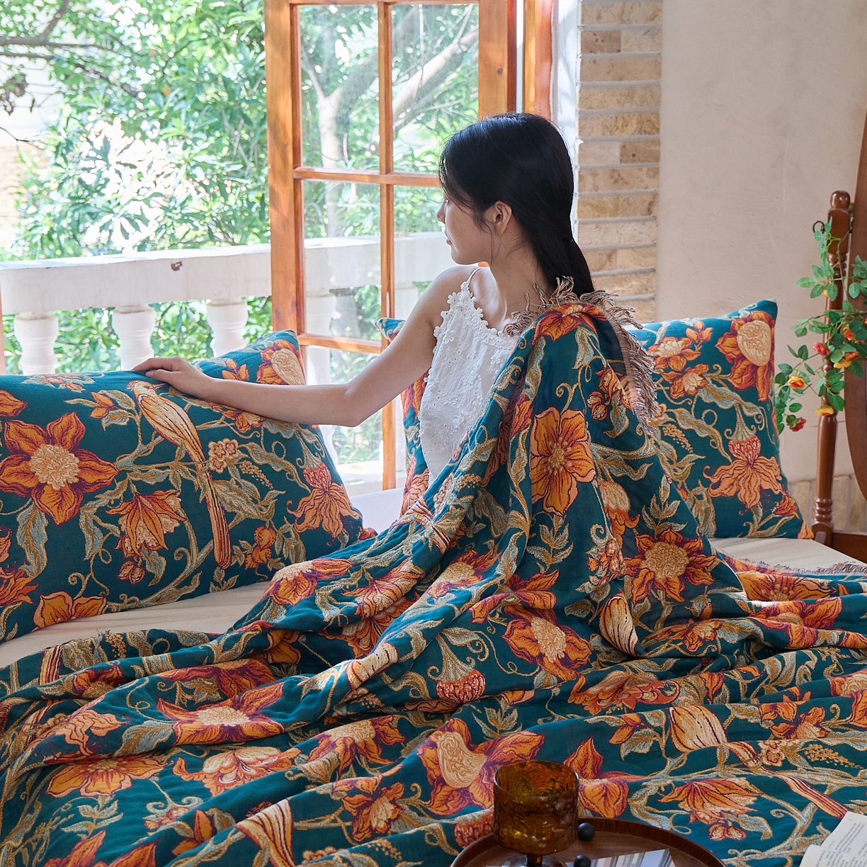 91家纺网 家纺一手货源 找家纺 沐瑟家纺 2025新款亲肤柔软全棉纱布中国风盖毯毯子 花鸟韵