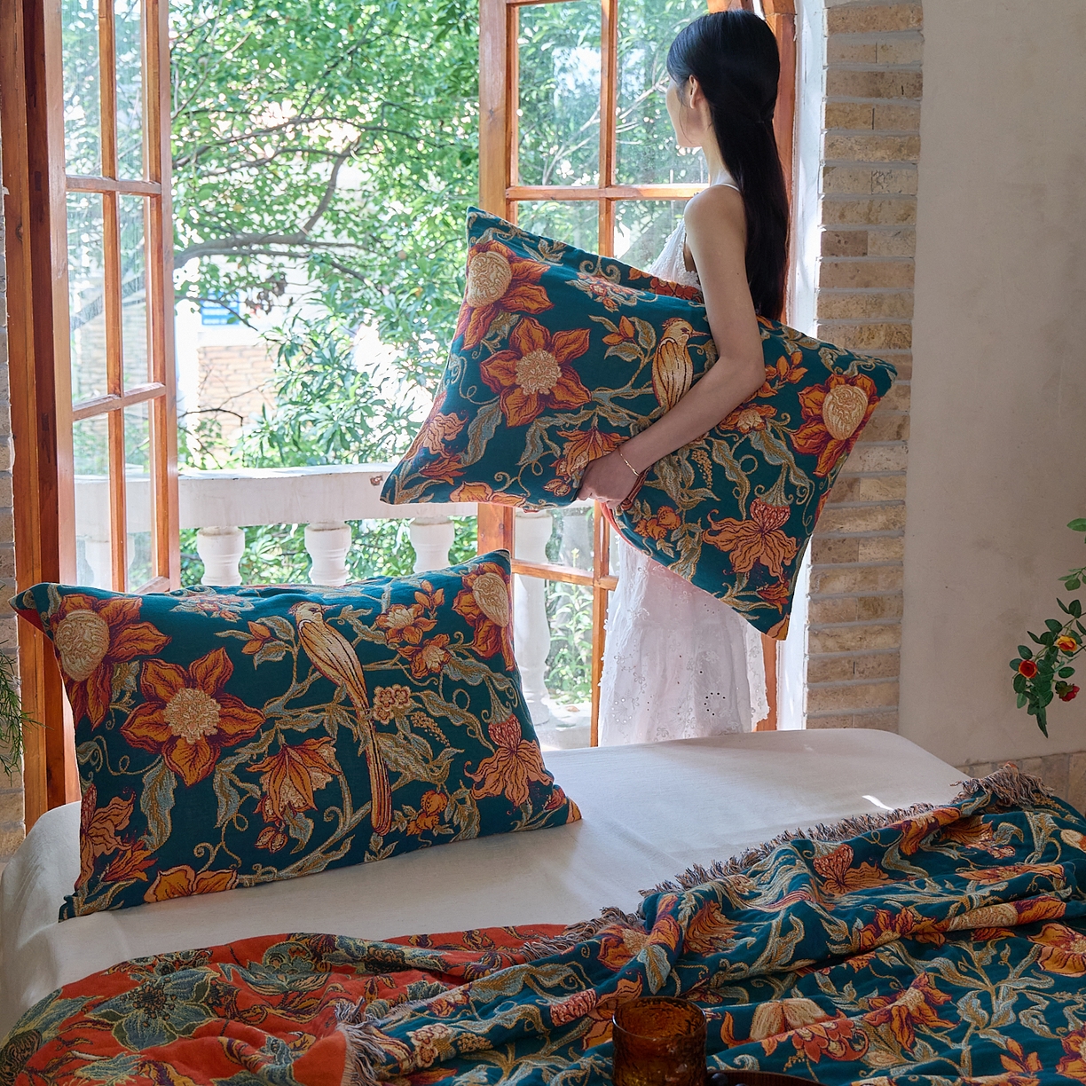 91家纺网 家纺一手货源 找家纺 沐瑟家纺 2025新款亲肤柔软全棉纱布中国风盖毯毯子 花鸟韵