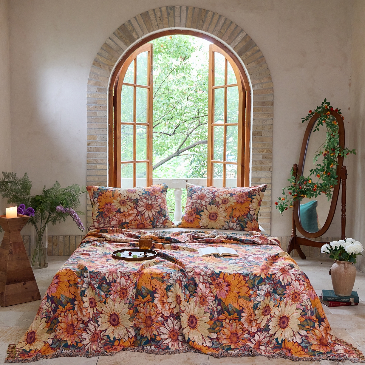 沐瑟家纺 2025新款亲肤柔软全棉纱布中国风盖毯毯子 墨葵