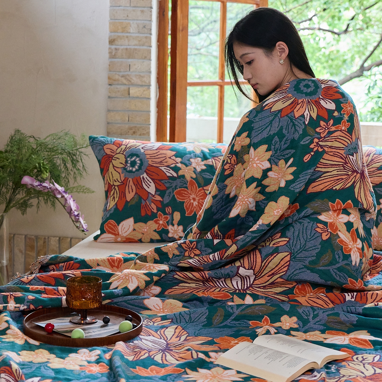 91家纺网 家纺一手货源 找家纺 沐瑟家纺 2025新款亲肤柔软全棉纱布中国风盖毯毯子 花想容