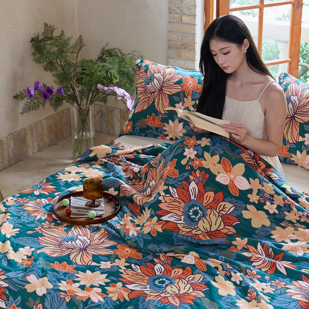 91家纺网 家纺一手货源 找家纺 沐瑟家纺 2025新款亲肤柔软全棉纱布中国风盖毯毯子 花想容