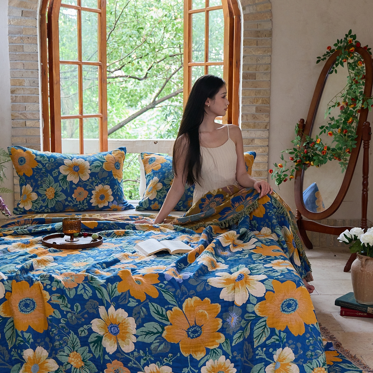 91家纺网 家纺一手货源 找家纺 沐瑟家纺 2025新款亲肤柔软全棉纱布中国风盖毯毯子 百花集