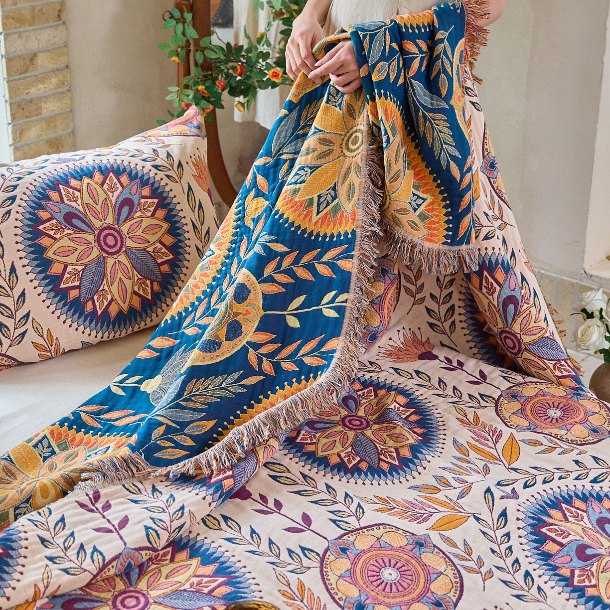 91家纺网 家纺一手货源 找家纺 沐瑟家纺 2025新款亲肤柔软全棉纱布中国风盖毯毯子 绮梦花