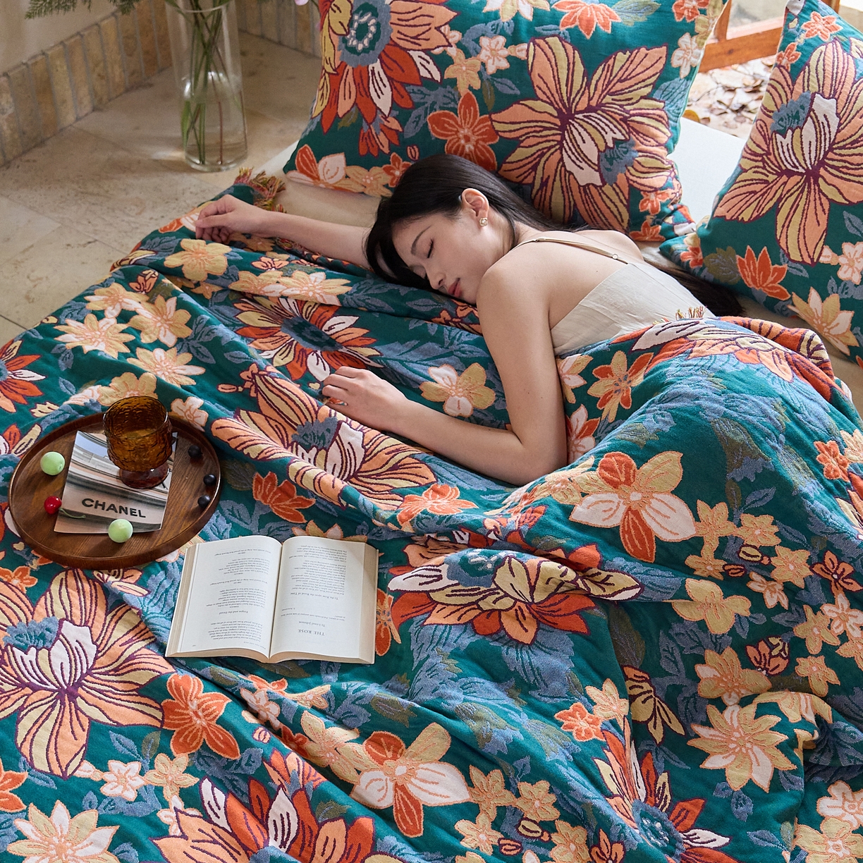 91家纺网 家纺一手货源 找家纺 沐瑟家纺 2025新款亲肤柔软全棉纱布中国风盖毯毯子 花想容