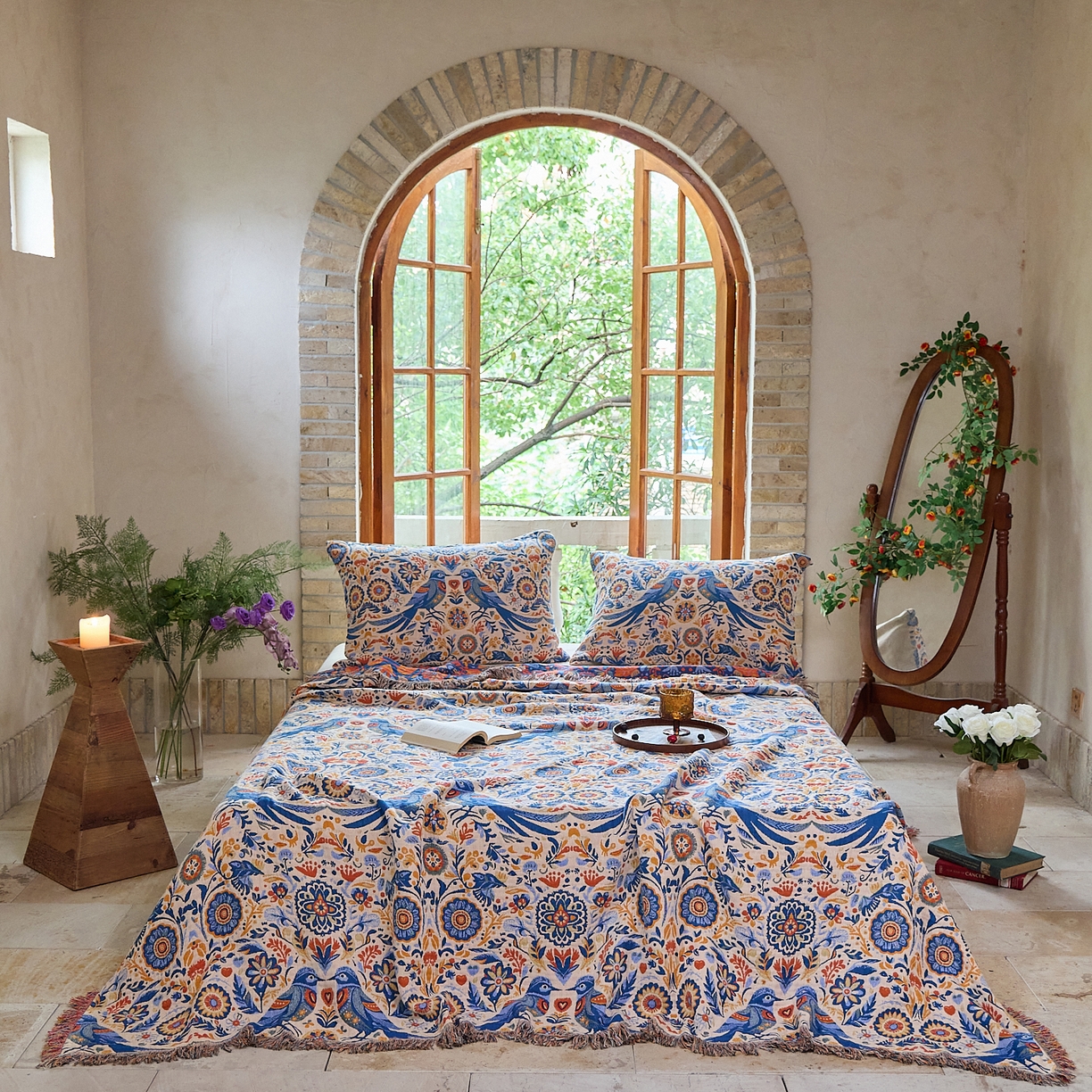 沐瑟家纺 2025新款亲肤柔软全棉纱布中国风盖毯毯子 比翼鸟