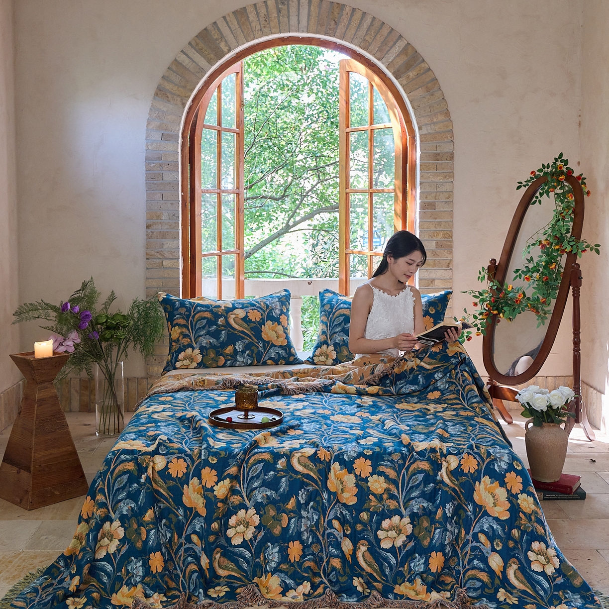 91家纺网 家纺一手货源 找家纺 沐瑟家纺 2025新款亲肤柔软全棉纱布中国风盖毯毯子 翠影鸟-蓝色