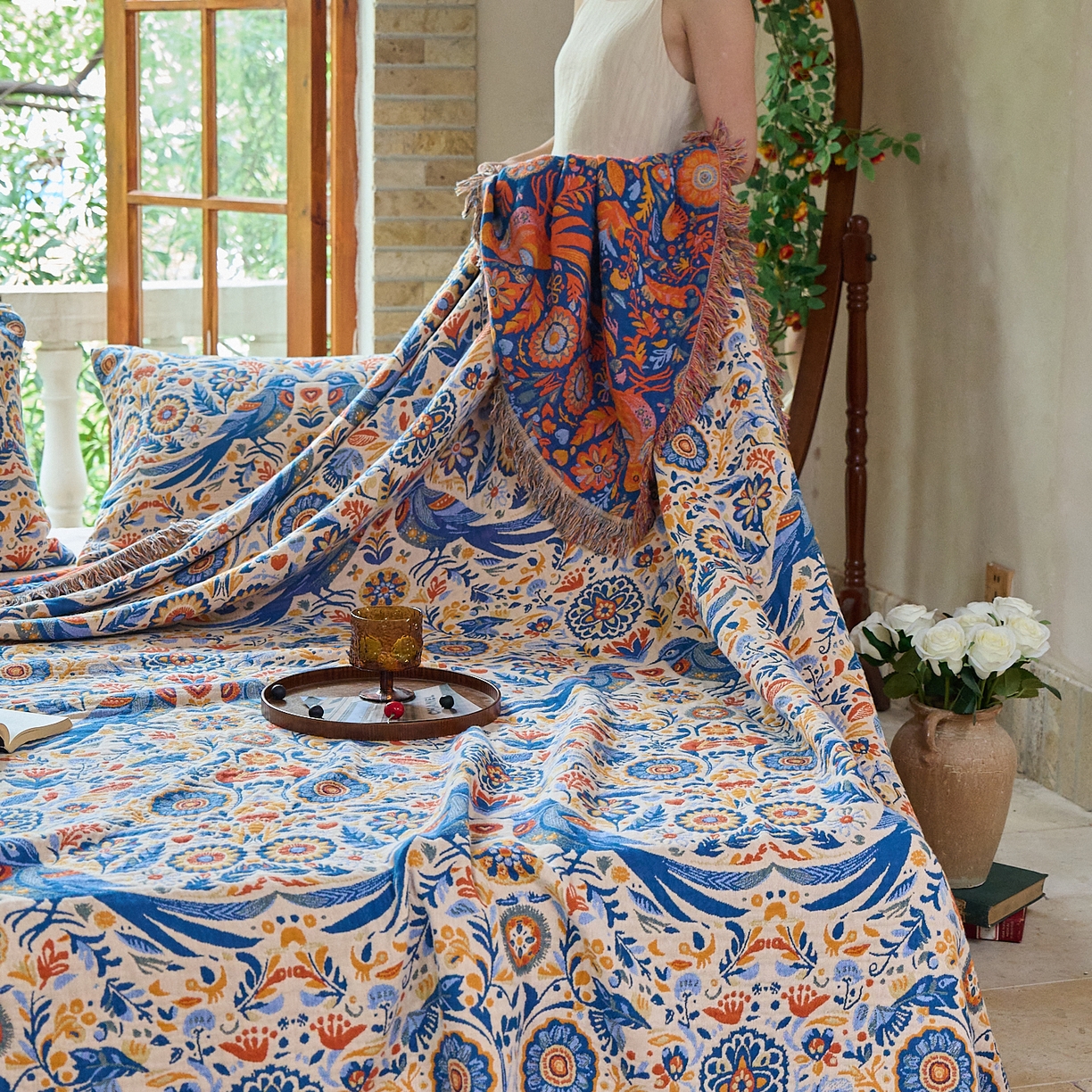 91家纺网 家纺一手货源 找家纺 沐瑟家纺 2025新款亲肤柔软全棉纱布中国风盖毯毯子 比翼鸟