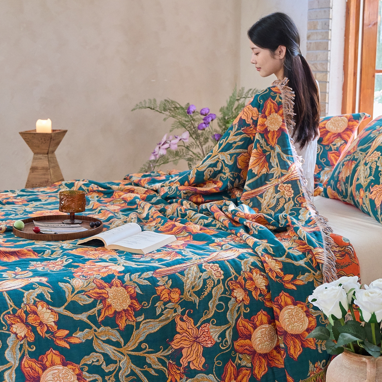 91家纺网 家纺一手货源 找家纺 沐瑟家纺 2025新款亲肤柔软全棉纱布中国风盖毯毯子 花鸟韵