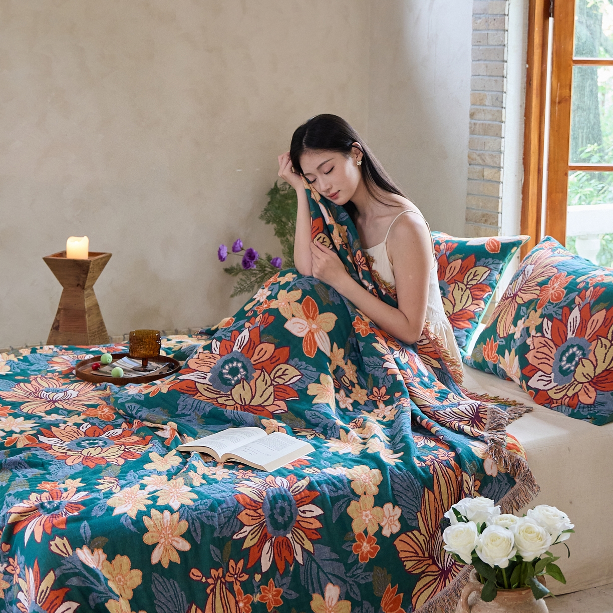 91家纺网 家纺一手货源 找家纺 沐瑟家纺 2025新款亲肤柔软全棉纱布中国风盖毯毯子 花想容