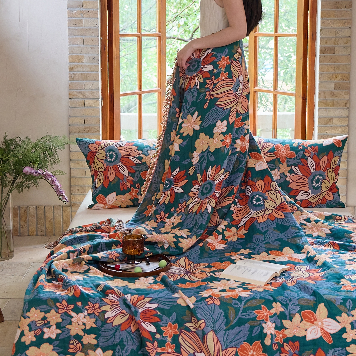 91家纺网 家纺一手货源 找家纺 沐瑟家纺 2025新款亲肤柔软全棉纱布中国风盖毯毯子 花想容