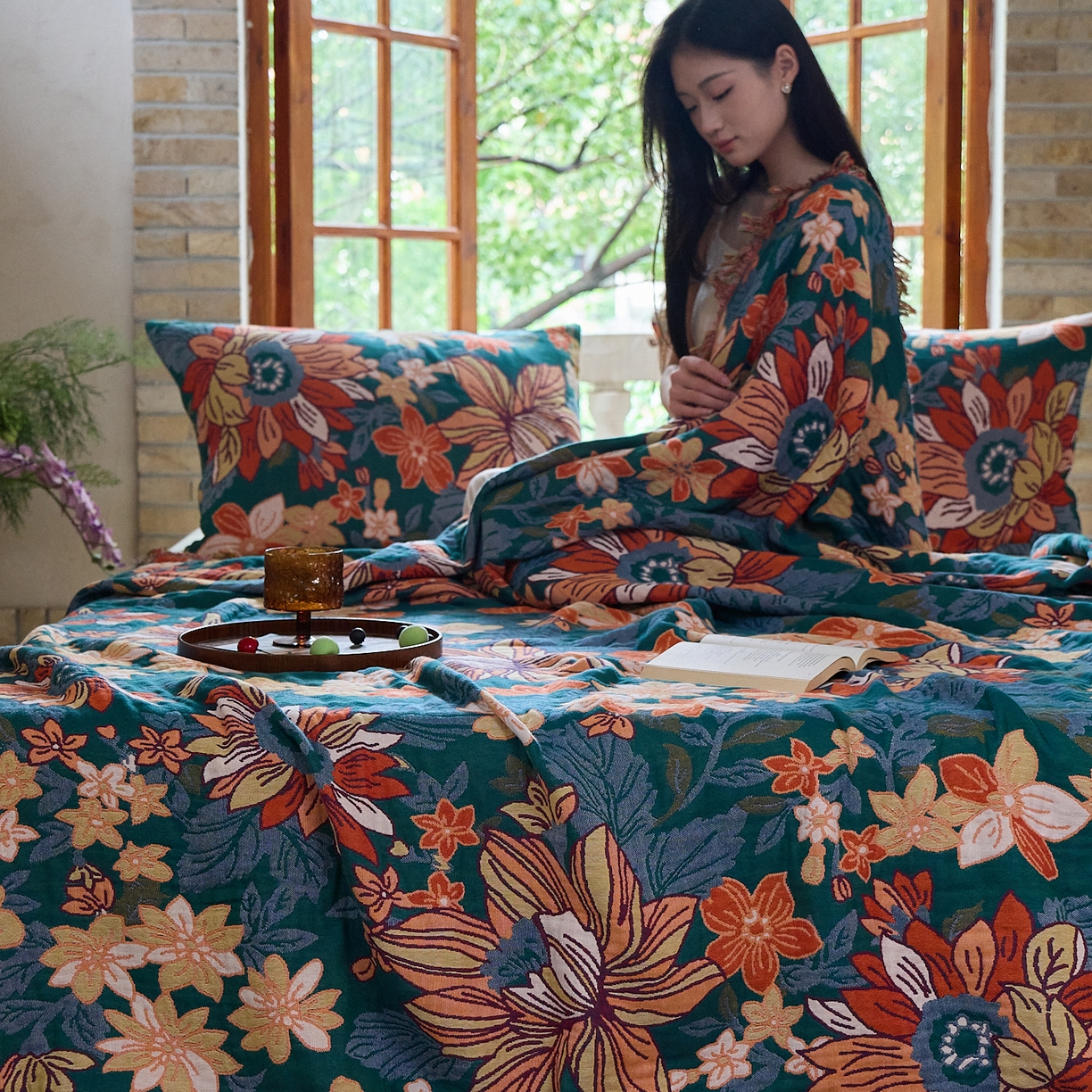 91家纺网 家纺一手货源 找家纺 沐瑟家纺 2025新款亲肤柔软全棉纱布中国风盖毯毯子 花想容