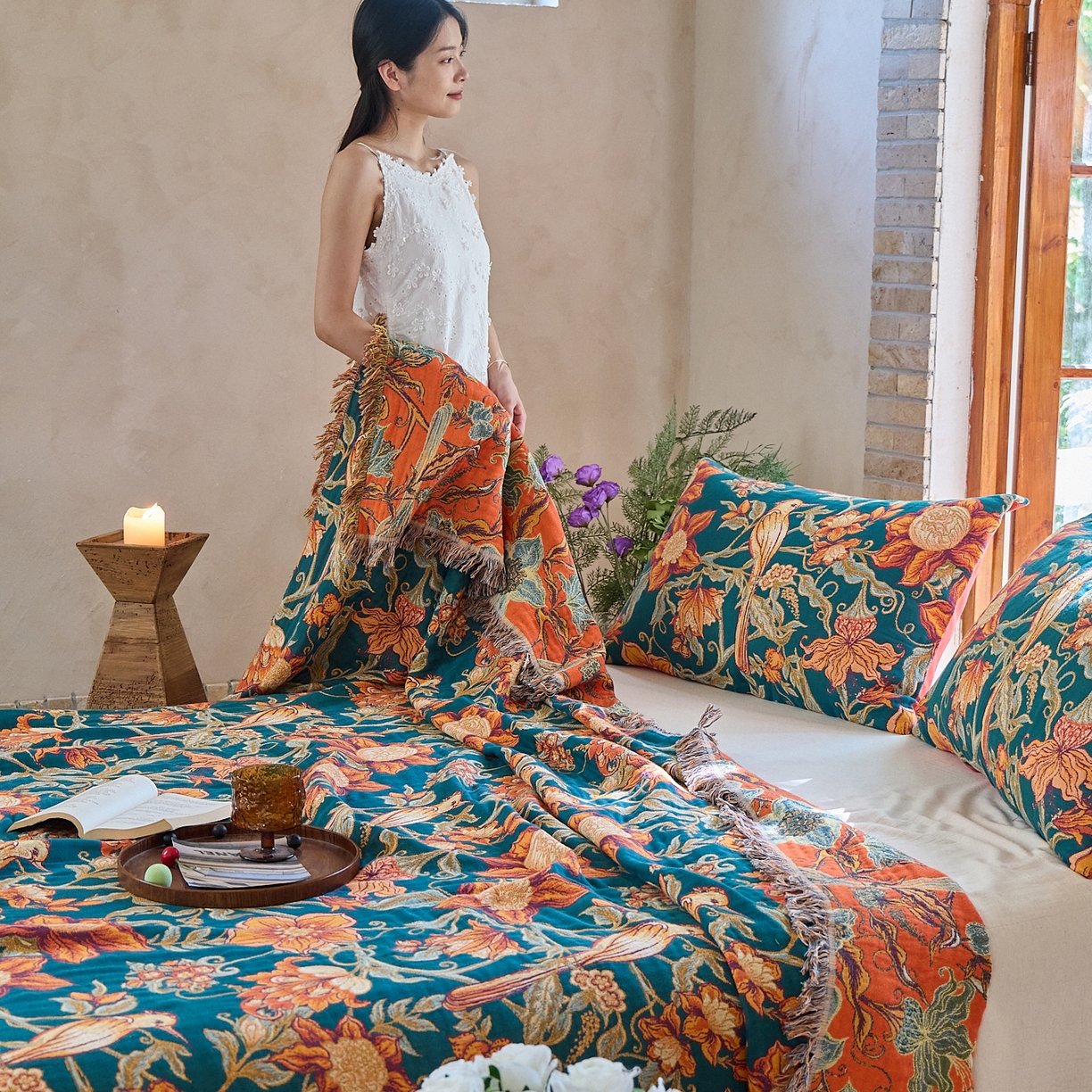 91家纺网 家纺一手货源 找家纺 沐瑟家纺 2025新款亲肤柔软全棉纱布中国风盖毯毯子 花鸟韵