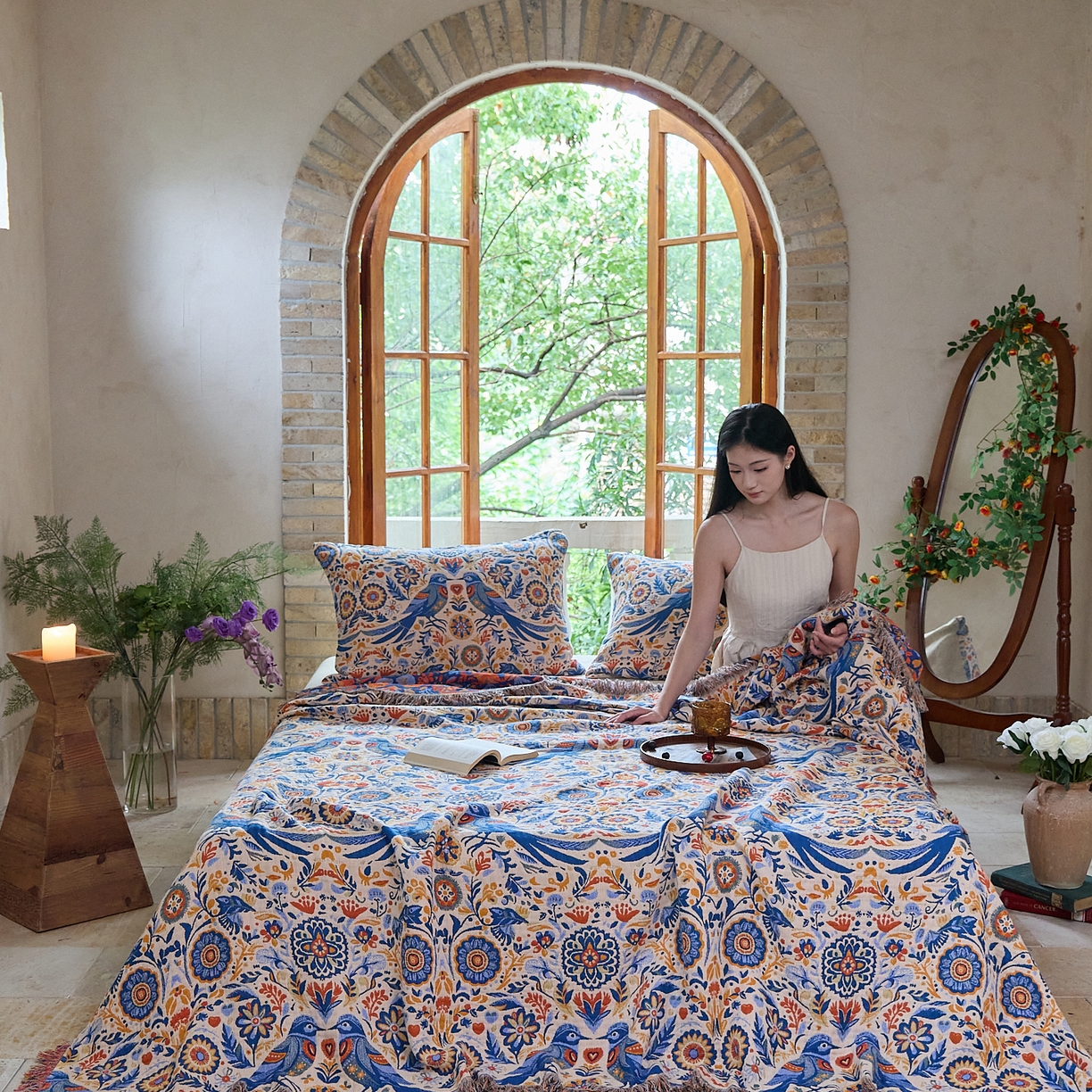 91家纺网 家纺一手货源 找家纺 沐瑟家纺 2025新款亲肤柔软全棉纱布中国风盖毯毯子 比翼鸟