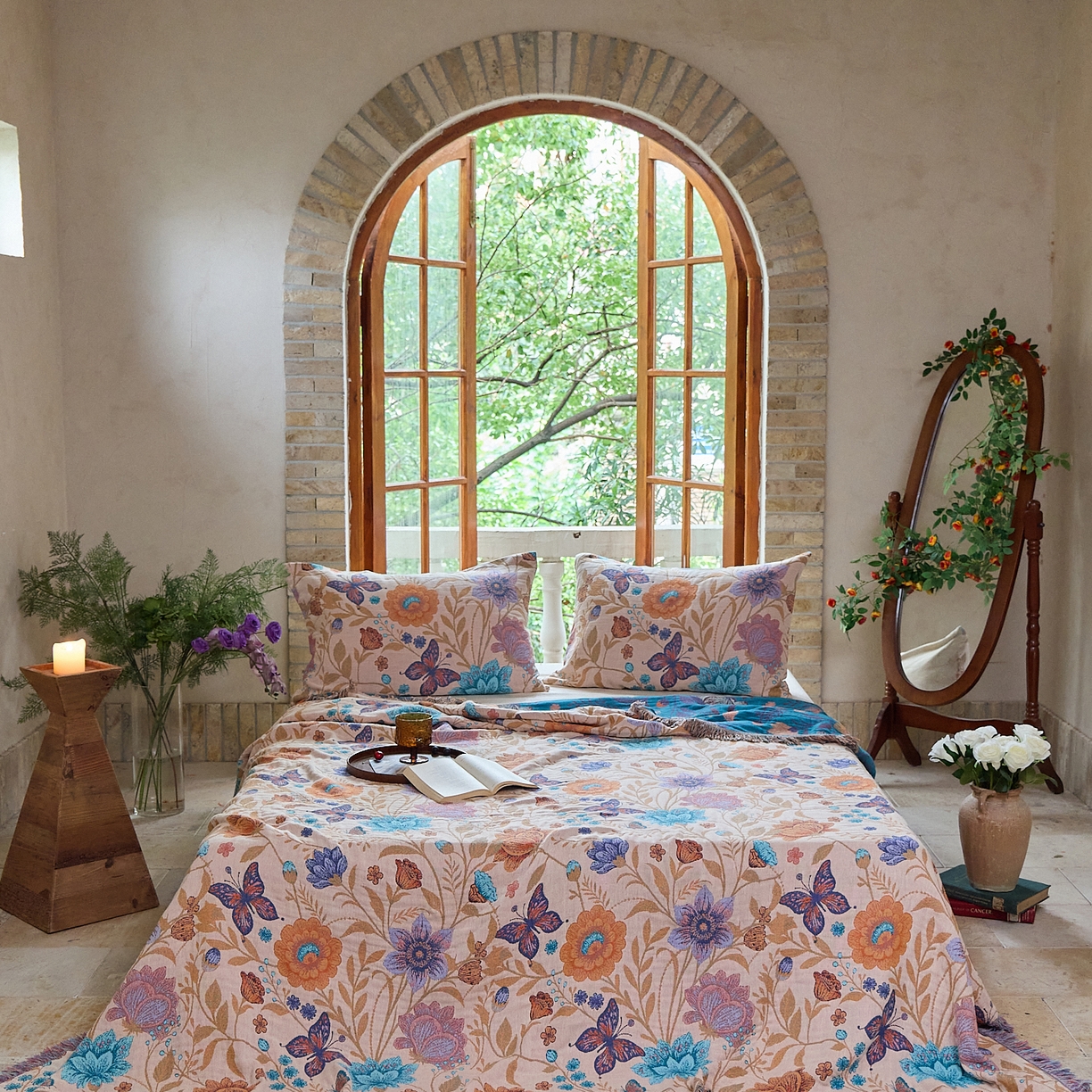 沐瑟家纺 2025新款亲肤柔软全棉纱布中国风盖毯毯子 花蝶-米