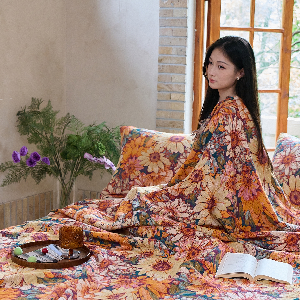 91家纺网 家纺一手货源 找家纺 沐瑟家纺 2025新款亲肤柔软全棉纱布中国风盖毯毯子 墨葵