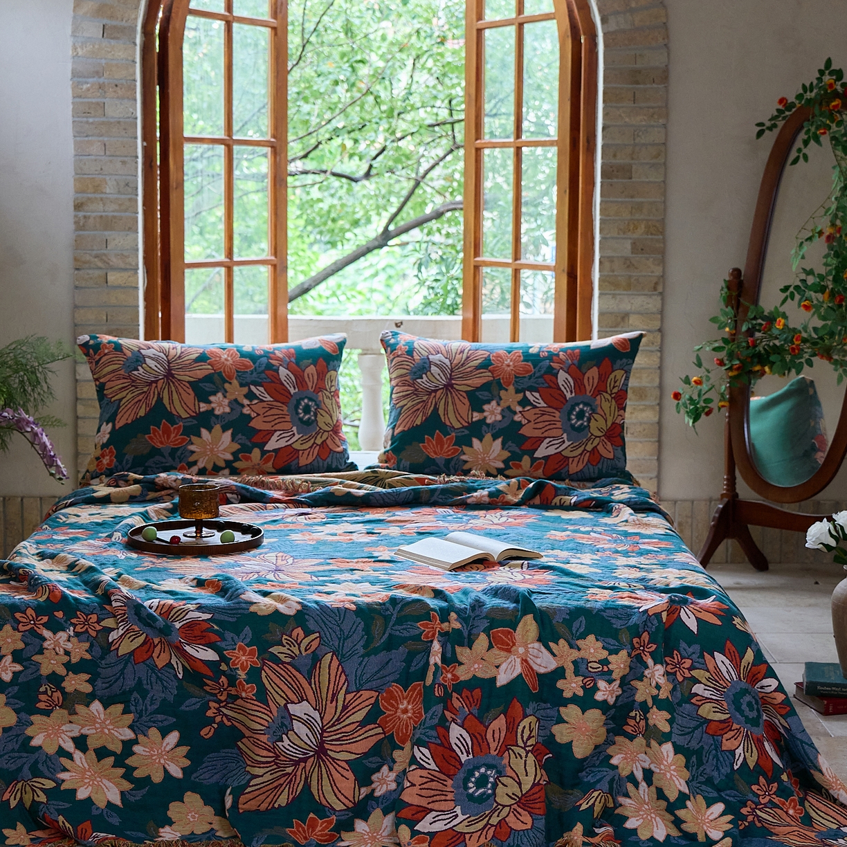 91家纺网 家纺一手货源 找家纺 沐瑟家纺 2025新款亲肤柔软全棉纱布中国风盖毯毯子 花想容