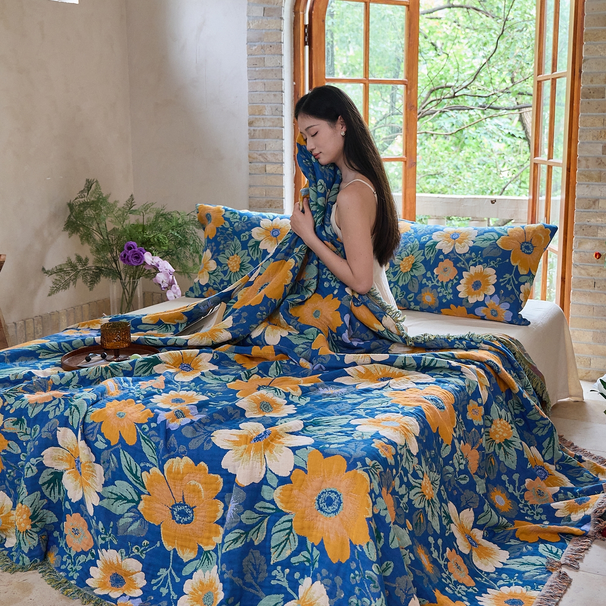 91家纺网 家纺一手货源 找家纺 沐瑟家纺 2025新款亲肤柔软全棉纱布中国风盖毯毯子 百花集