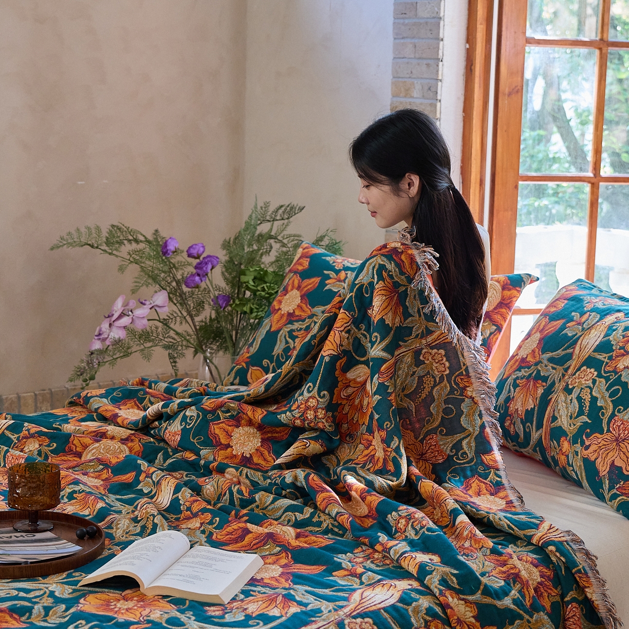 91家纺网 家纺一手货源 找家纺 沐瑟家纺 2025新款亲肤柔软全棉纱布中国风盖毯毯子 花鸟韵