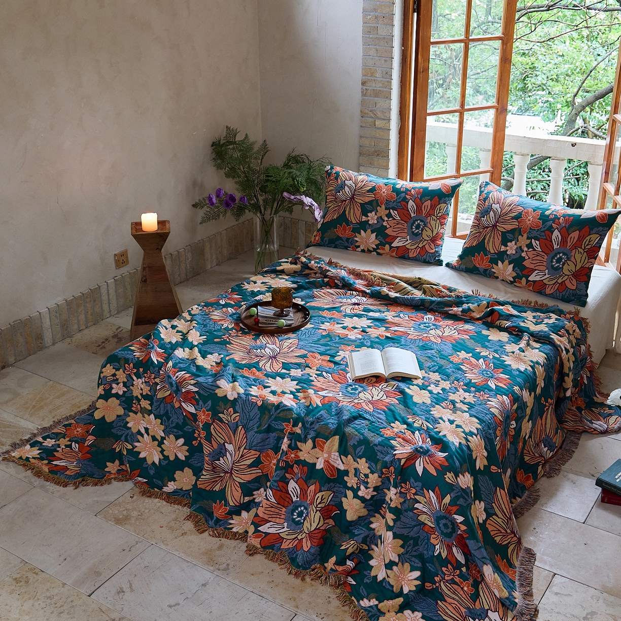 91家纺网 家纺一手货源 找家纺 沐瑟家纺 2025新款亲肤柔软全棉纱布中国风盖毯毯子 花想容