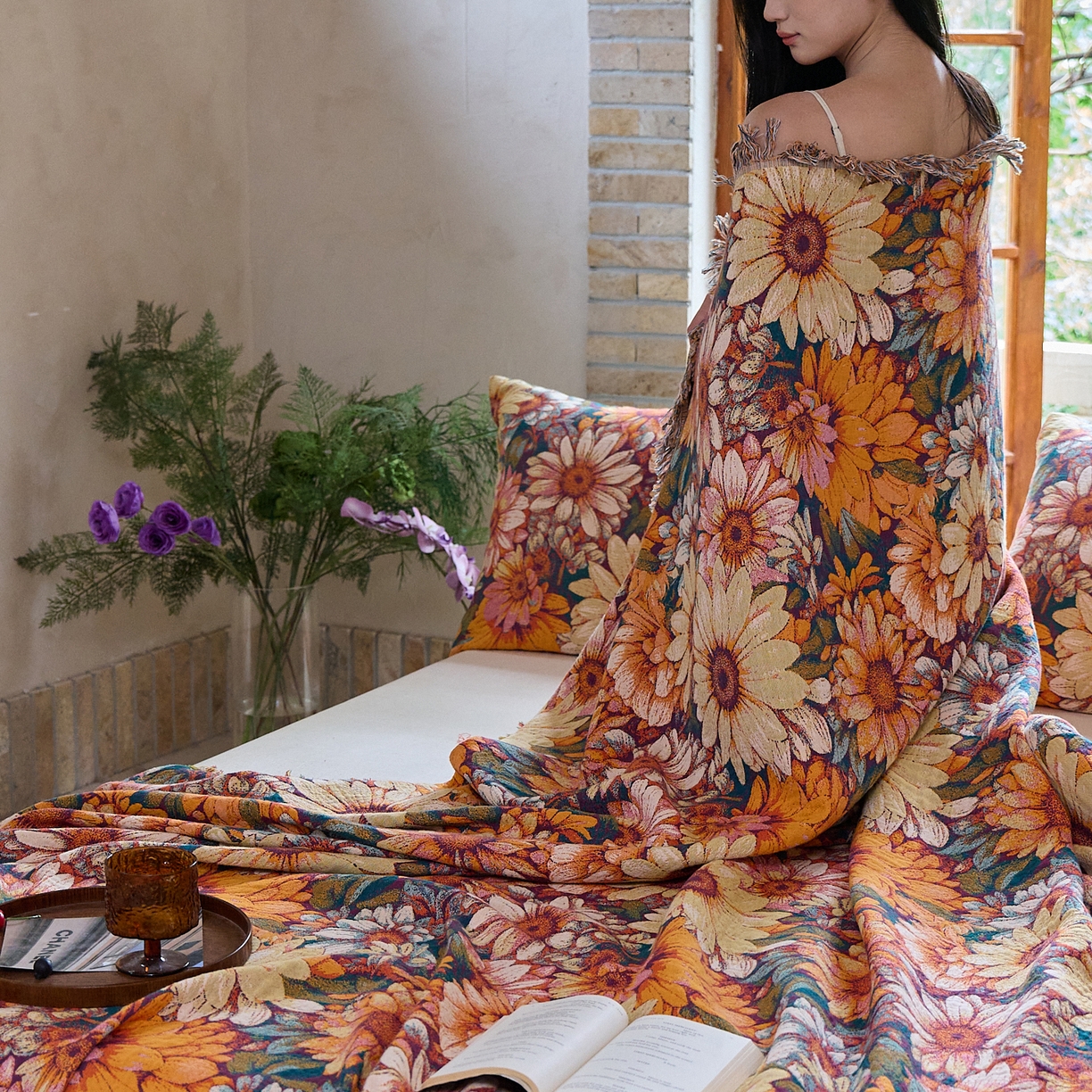 91家纺网 家纺一手货源 找家纺 沐瑟家纺 2025新款亲肤柔软全棉纱布中国风盖毯毯子 墨葵