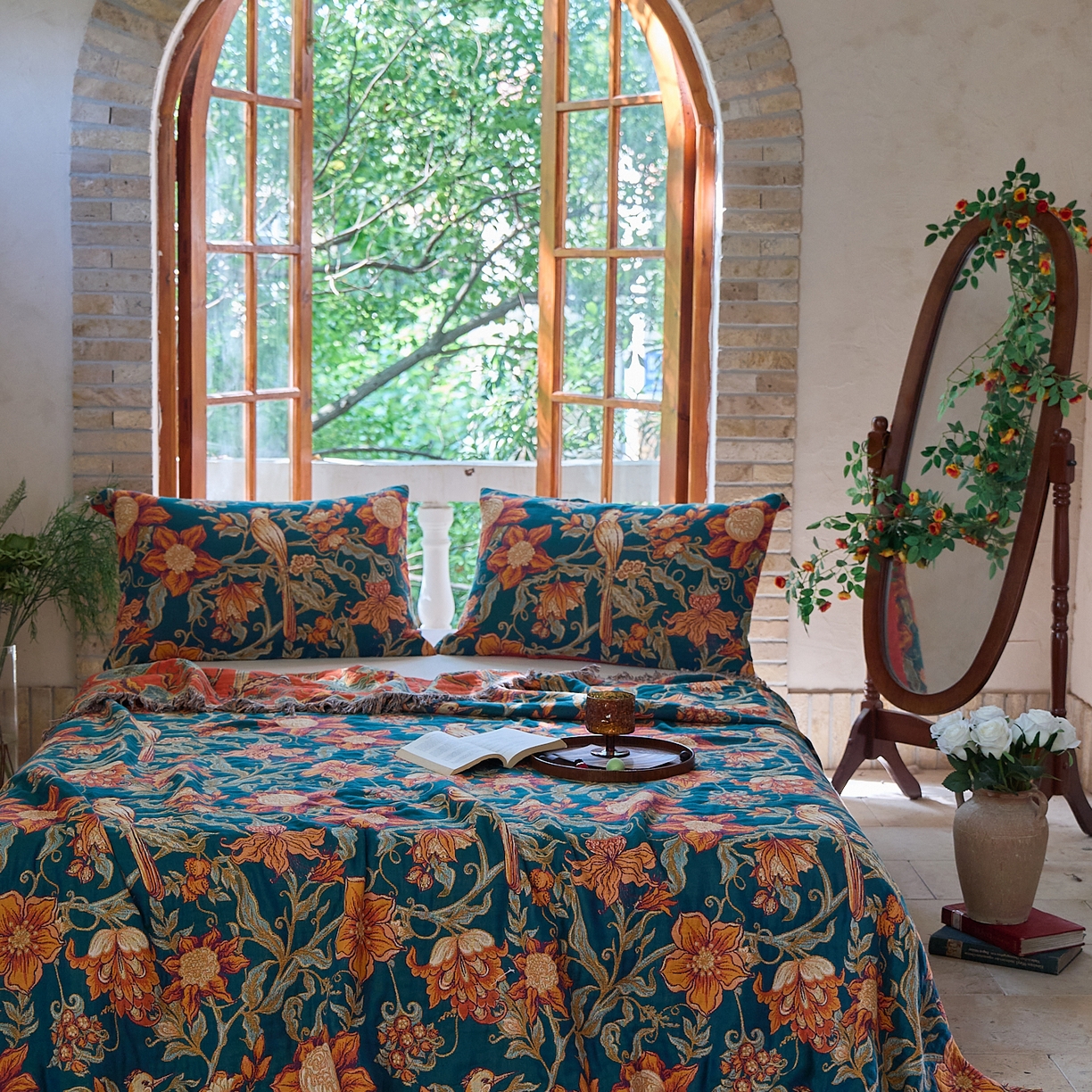 91家纺网 家纺一手货源 找家纺 沐瑟家纺 2025新款亲肤柔软全棉纱布中国风盖毯毯子 花鸟韵