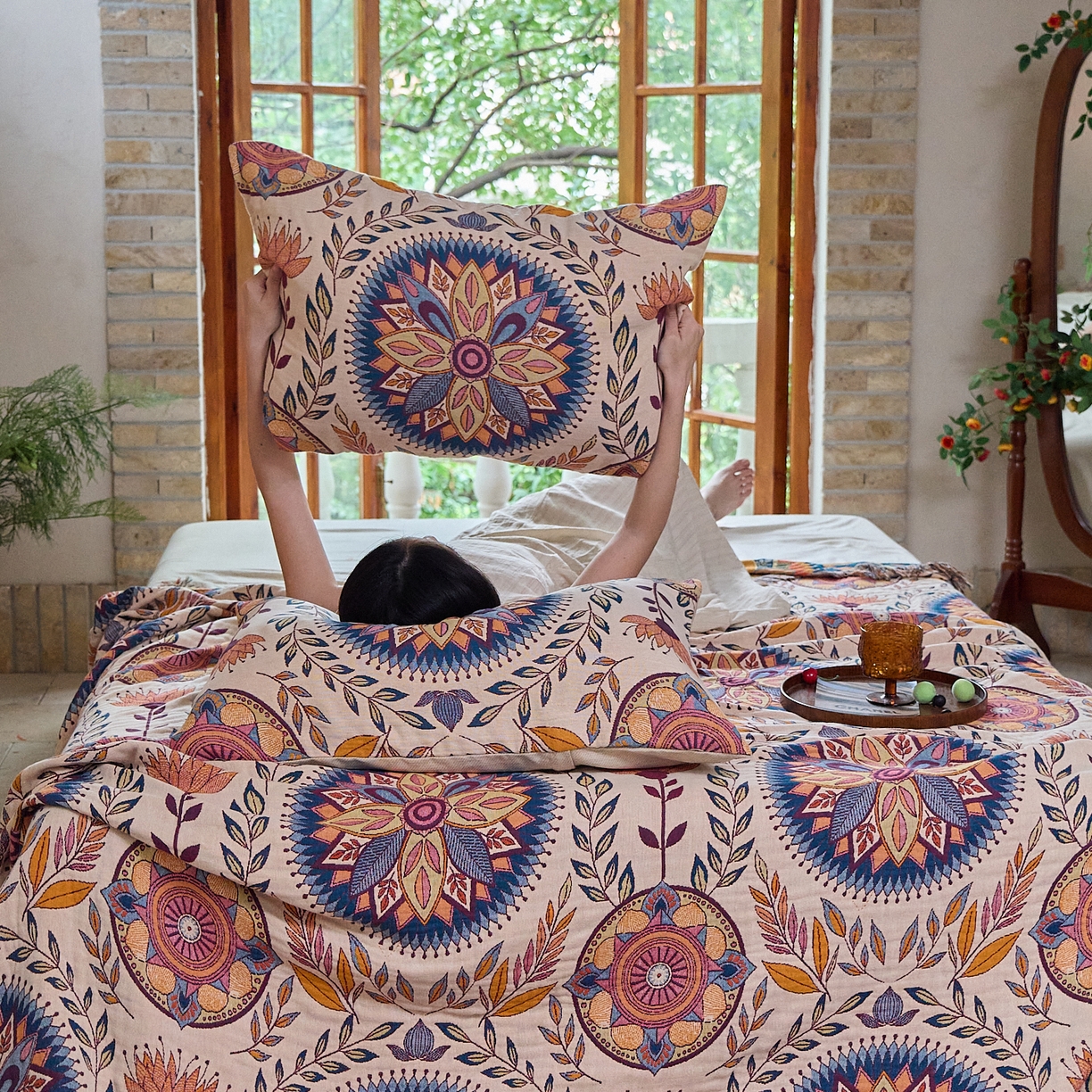 91家纺网 家纺一手货源 找家纺 沐瑟家纺 2025新款亲肤柔软全棉纱布中国风盖毯毯子 绮梦花