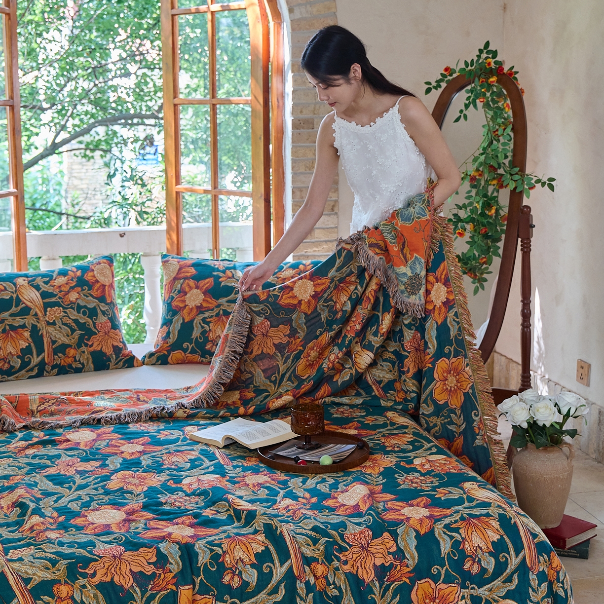 91家纺网 家纺一手货源 找家纺 沐瑟家纺 2025新款亲肤柔软全棉纱布中国风盖毯毯子 花鸟韵