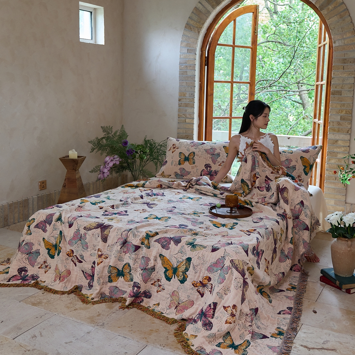 91家纺网 家纺一手货源 找家纺 沐瑟家纺 2025新款亲肤柔软全棉纱布中国风盖毯毯子 蝶语-绿