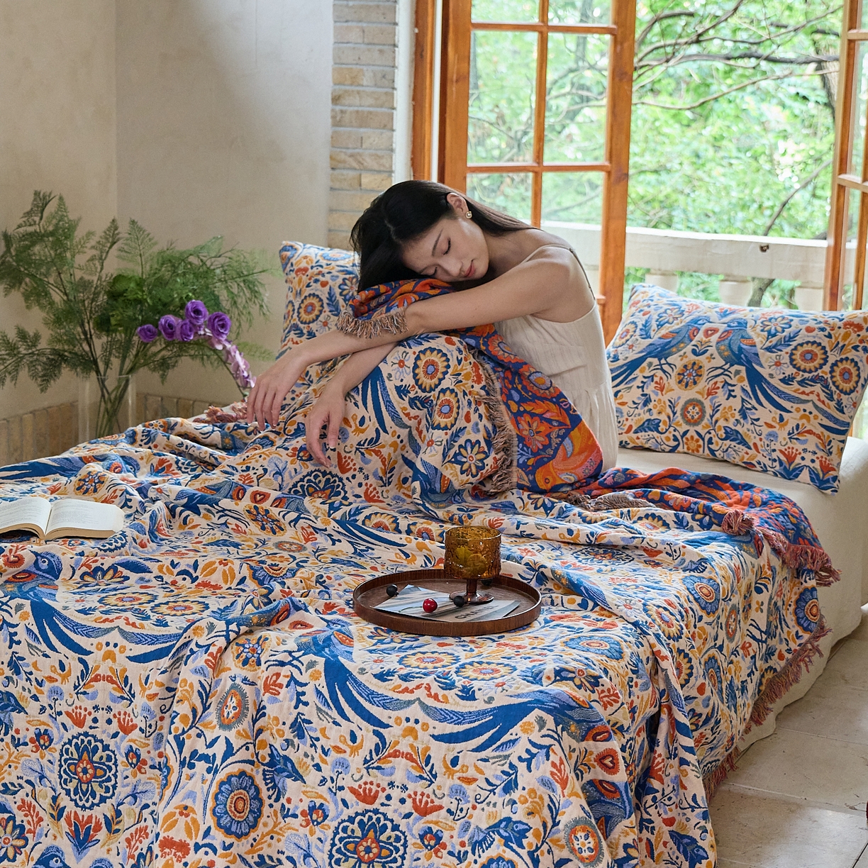 91家纺网 家纺一手货源 找家纺 沐瑟家纺 2025新款亲肤柔软全棉纱布中国风盖毯毯子 比翼鸟