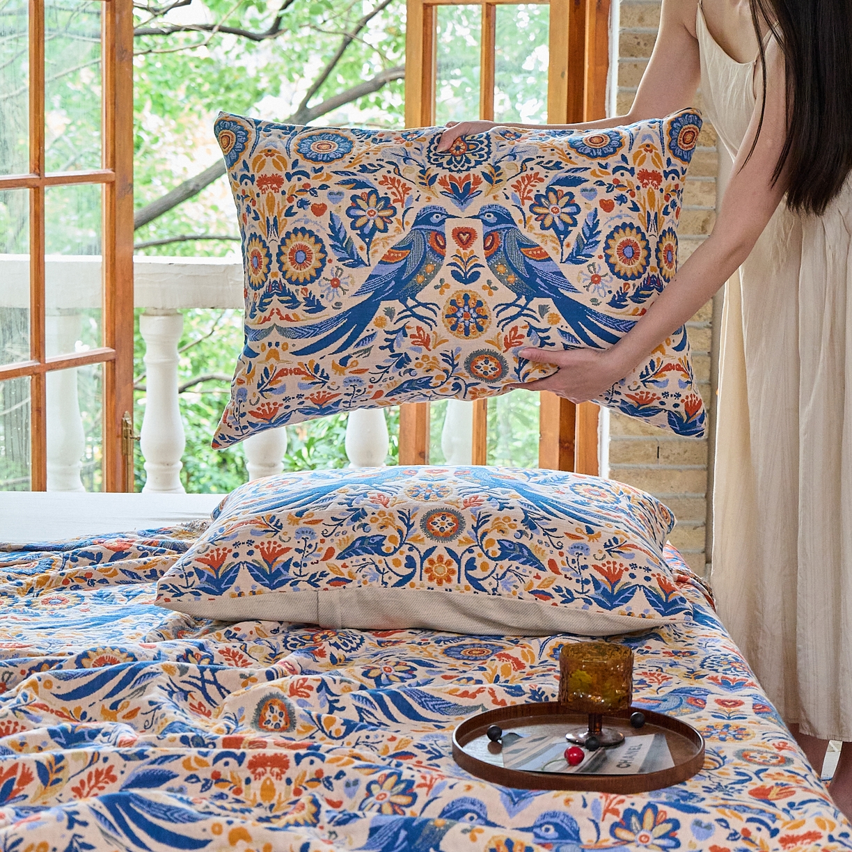 91家纺网 家纺一手货源 找家纺 沐瑟家纺 2025新款亲肤柔软全棉纱布中国风盖毯毯子 比翼鸟