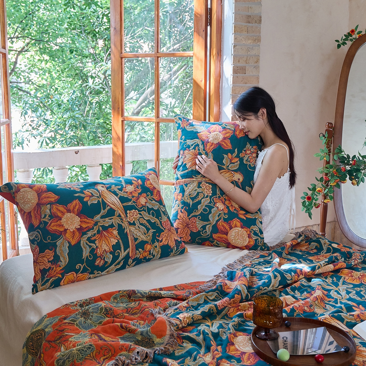 91家纺网 家纺一手货源 找家纺 沐瑟家纺 2025新款亲肤柔软全棉纱布中国风盖毯毯子 花鸟韵