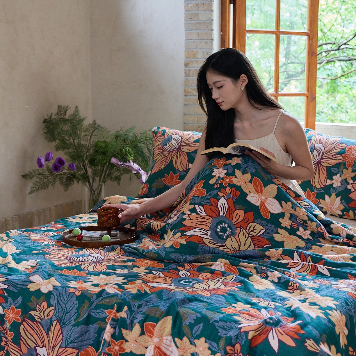 91家纺网 家纺一手货源 找家纺 沐瑟家纺 2025新款亲肤柔软全棉纱布中国风盖毯毯子 花想容