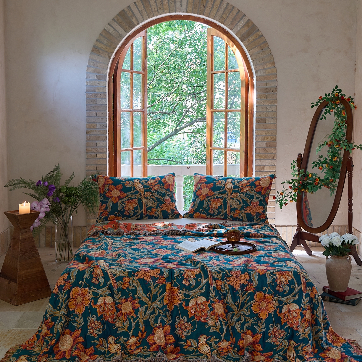 沐瑟家纺 2025新款亲肤柔软全棉纱布中国风盖毯毯子 花鸟韵