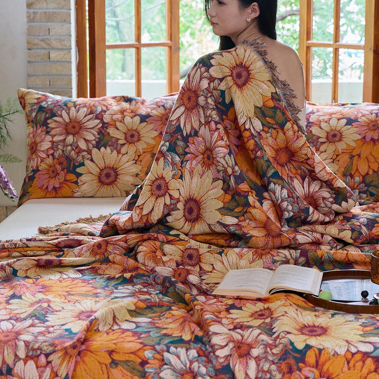 91家纺网 家纺一手货源 找家纺 沐瑟家纺 2025新款亲肤柔软全棉纱布中国风盖毯毯子 墨葵